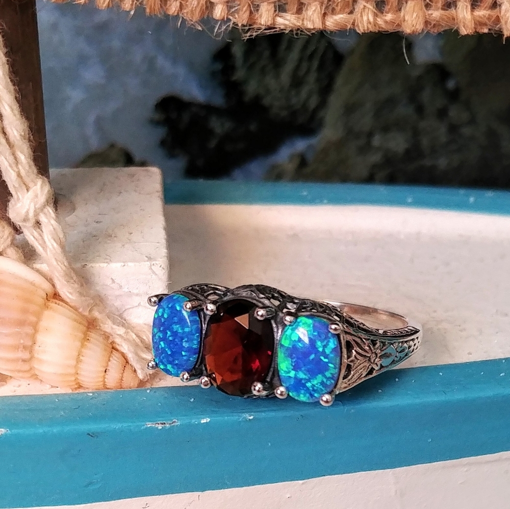 5CT Fire Garnet & Opal 925 Solid Sterling Silver